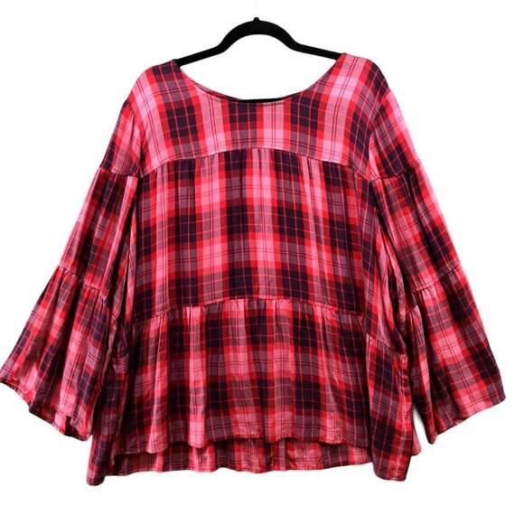 A.N.A. Boho Top Womens XXL Pink Plaid Rayon Wide Sleeve Tiered Peplum Button - Picture 1 of 9